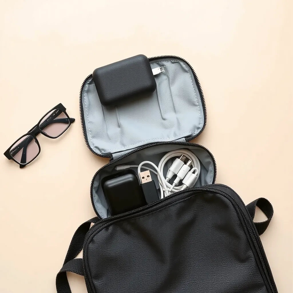 Open cable organizer bag with neatly bundled charging and USB cables inside