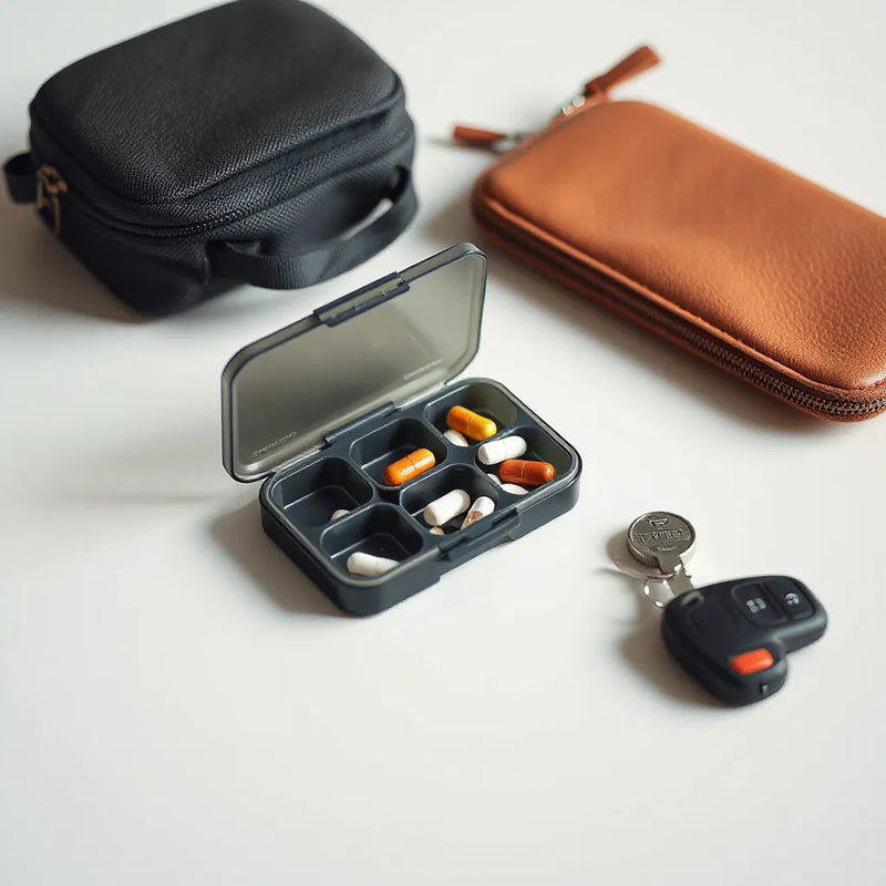 Compact pill organizer with separate compartments next to a small travel pouch on a clean tabletop