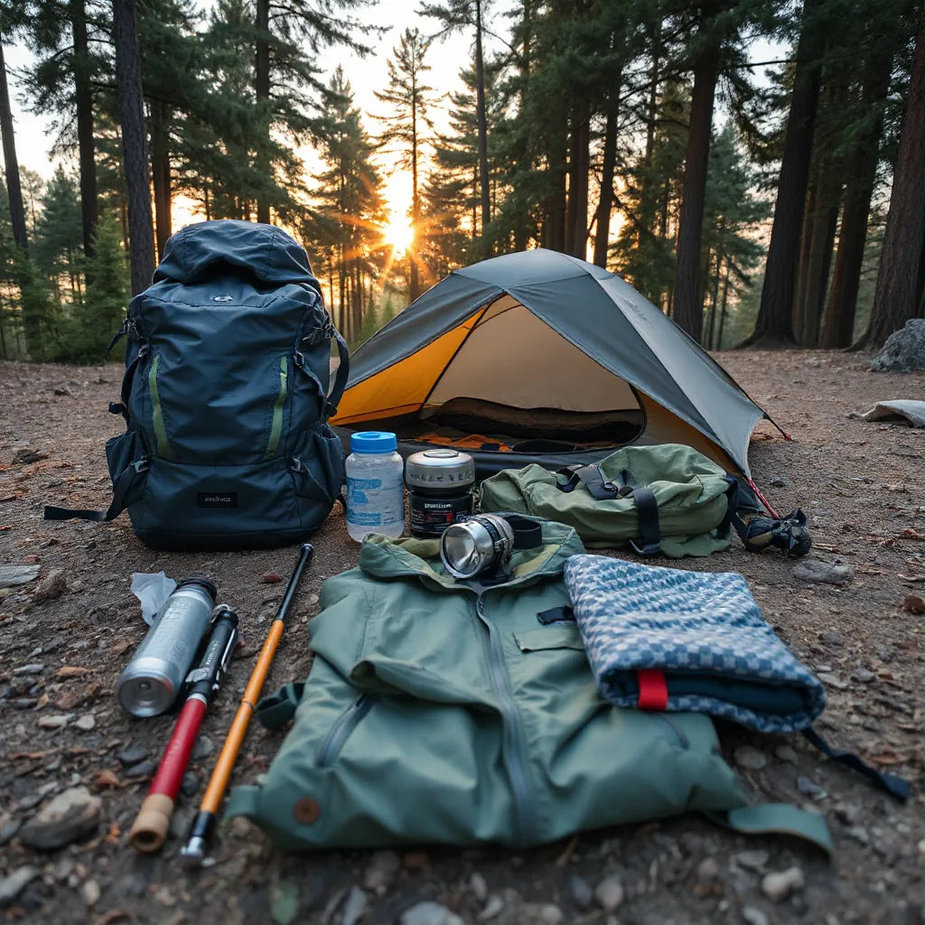 Camping and hiking gear neatly arranged at a forest campsite, including a backpack, tent, and sleeping bag
