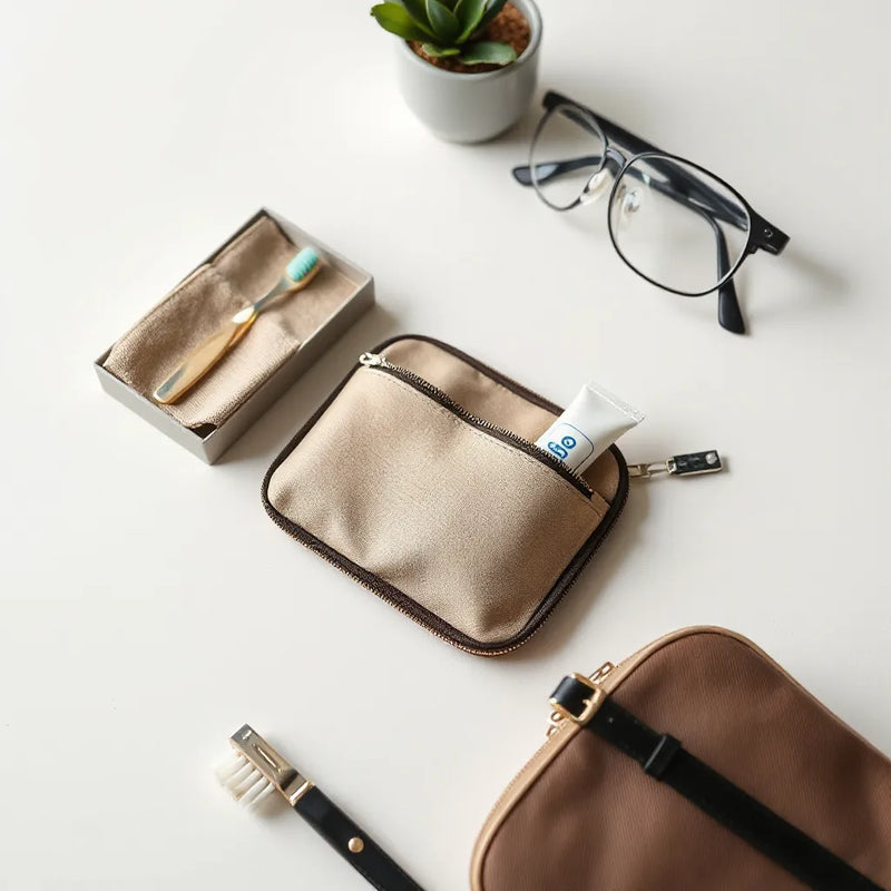 Compact travel toothbrush kit with capped toothbrush, travel toothpaste, and small storage case in a pouch