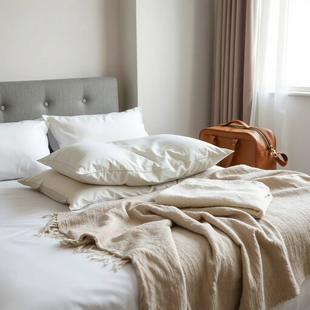 Compact travel pillow on a bed with a small travel bag in a bright hotel room