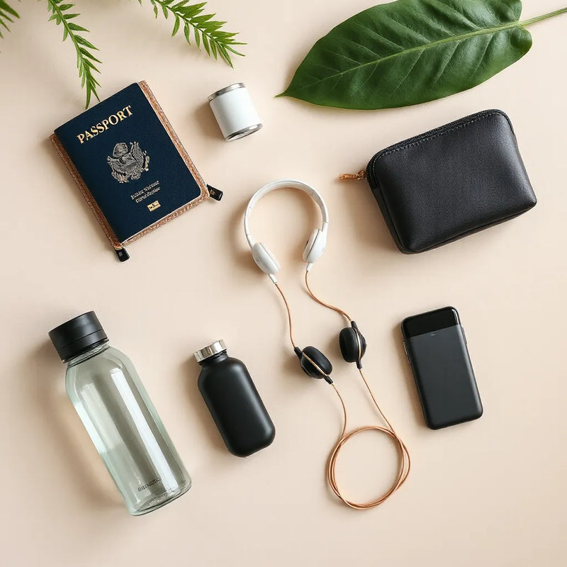 Neatly arranged premium travel essentials on a light background, including organizer pouches, headphones, and travel accessories