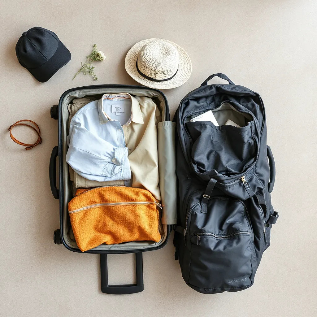 Open suitcase with packing organizer, lightweight backpack, and toiletry bag arranged neatly for a trip