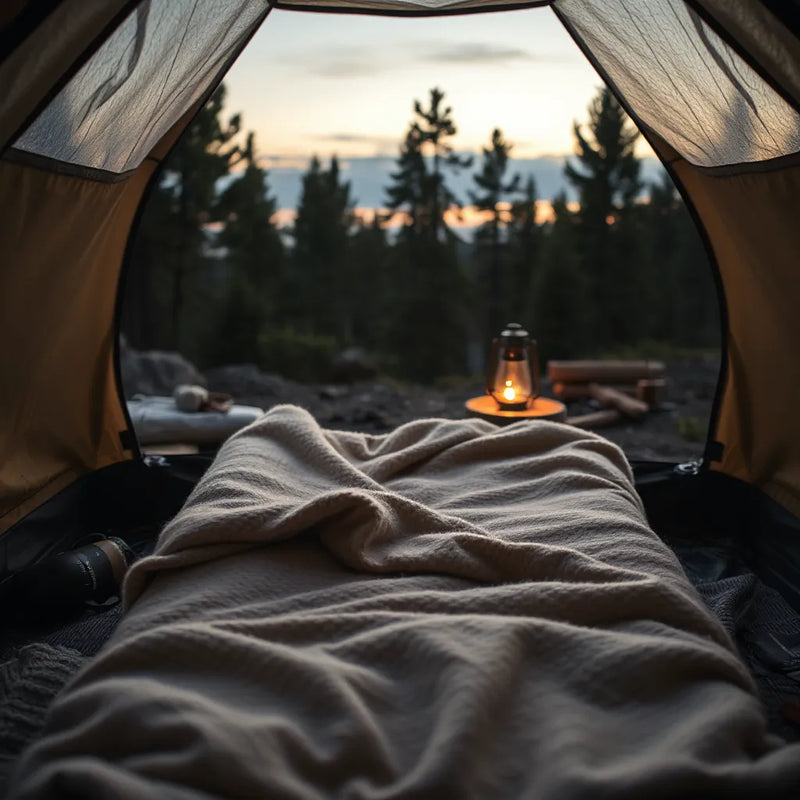 Wool blanket spread on a camping cot inside an open tent at dusk