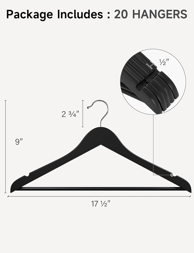 StorageWorks Black Wooden Hangers, 20 Pack Wood Hanger - Image 2