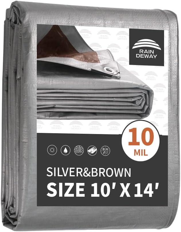 RAINDEWAY Tarps Heavy Duty Waterproof 10x14 Feet, 10Mil Multipurpose Poly Tarp by RAINDEWAY
