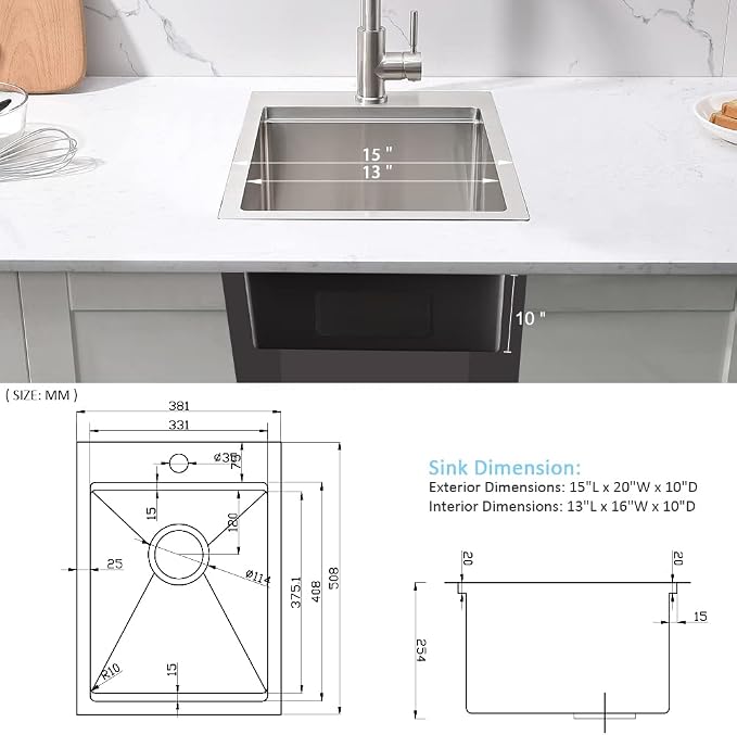 15 Inch Drop In Bar Sink Workstation-Bokaiya 15x20 Small Kitchen Outdoor Rv - Image 8
