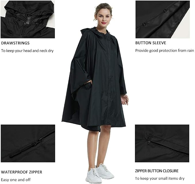 Rain Poncho Jacket Coat Hooded Zipper Style - Image 3