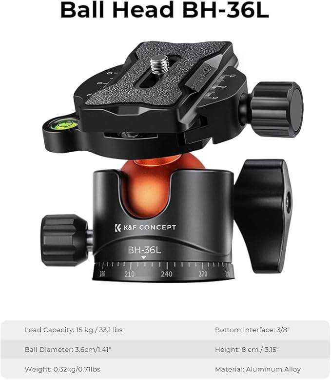 K&F Concept 62" Carbon Fiber Camera Tripod, Portable Compact Tripods - Image 5