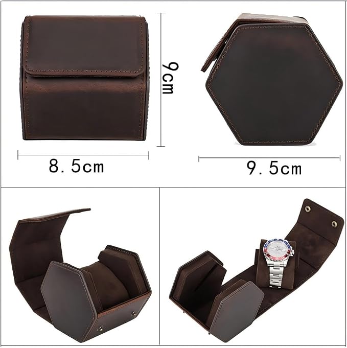 Genuine Leather Watch Roll Travel Case, Vintage Full Grain Leather Hexagon - Image 4