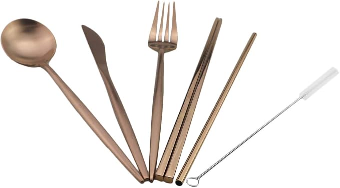 Gugrida Luxury Rose Gold Matte Portable 18/10 Stainless Steel Travel Flatware - Image 5