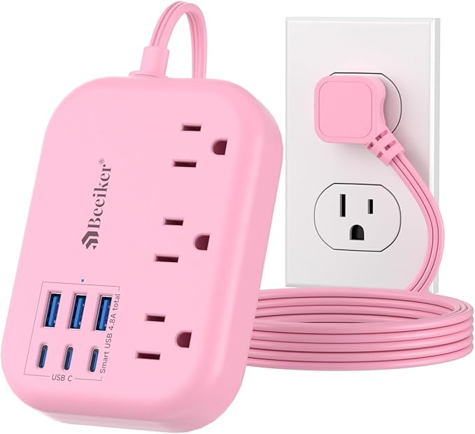 6 USB Pink Power Strip- 5Ft Pink Extension Cord by Beeiker