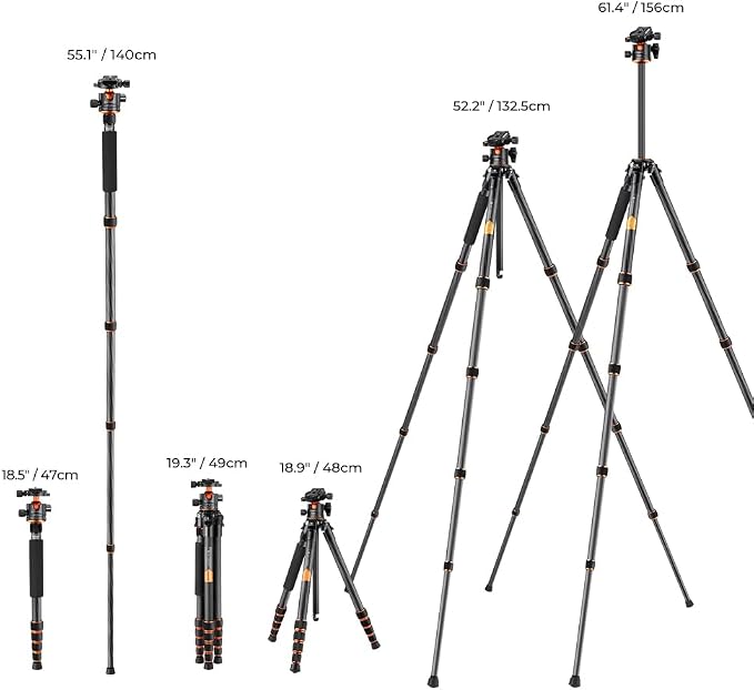 K&F Concept 62" Carbon Fiber Camera Tripod, Portable Compact Tripods - Image 6