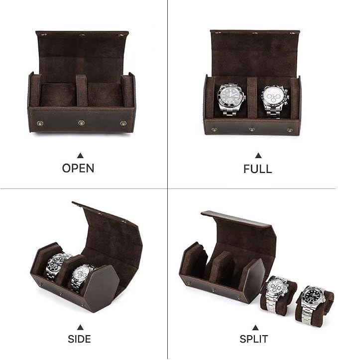 Genuine Leather Watch Roll Travel Case, Vintage Full Grain Leather Hexagon - Image 3