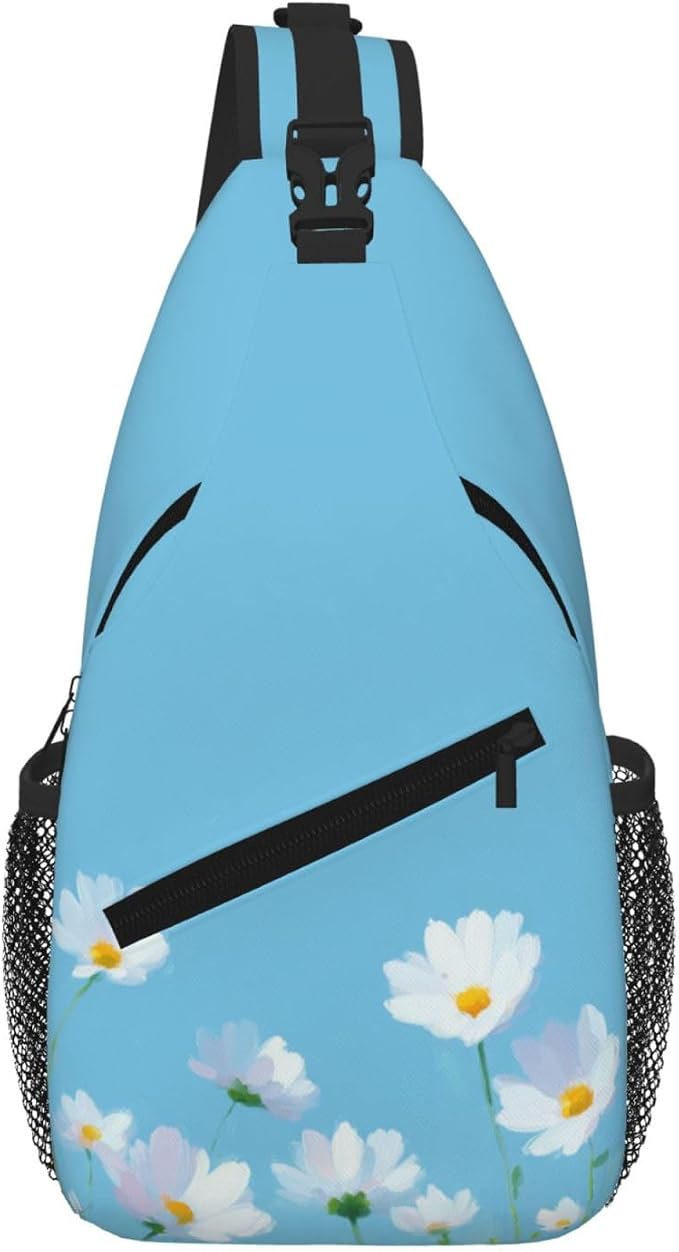 Sling Bag White Flower Blue Summer Hiking Daypack Crossbody Shoulder Backpack by SUPLUCHOM