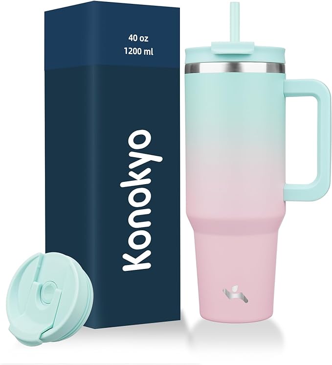 40 oz Tumbler with Handle and 2 Straws, 2 in 1 Lid Insulated Water Bottle by Konokyo