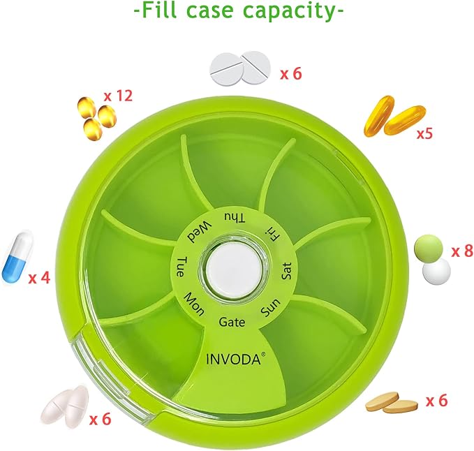 INVODA Weekly Pill Organizer 7 Compartment Rotating Pill Box - Image 6