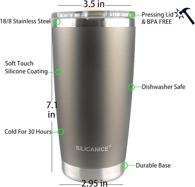 Metallic Gray 20 oz Travel Iced Coffee Mugs Cups Stainless Steel Vacuum - Image 6