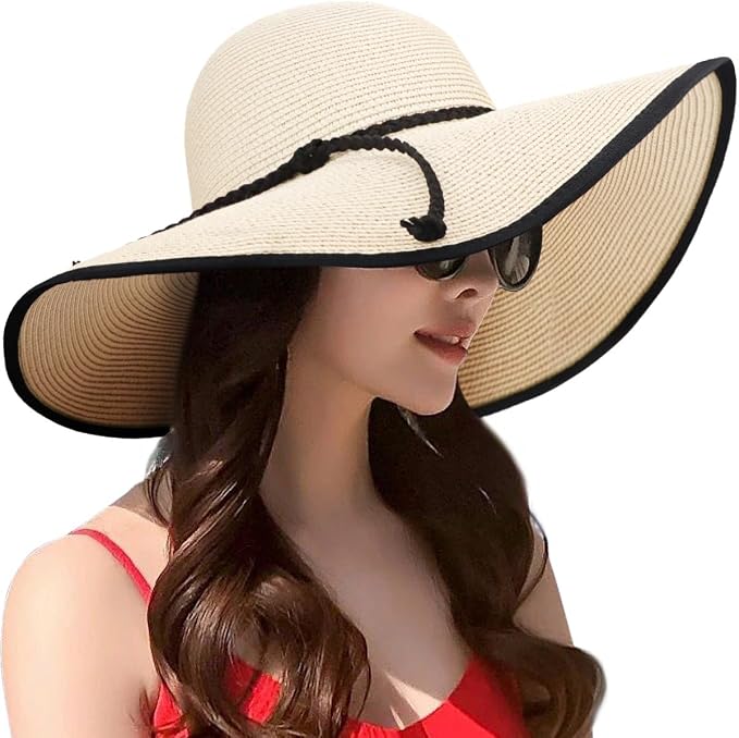 DRESHOW Beach Hats for Women Big Straw Wide Brim Summer Hat Floppy Foldable by DRESHOW
