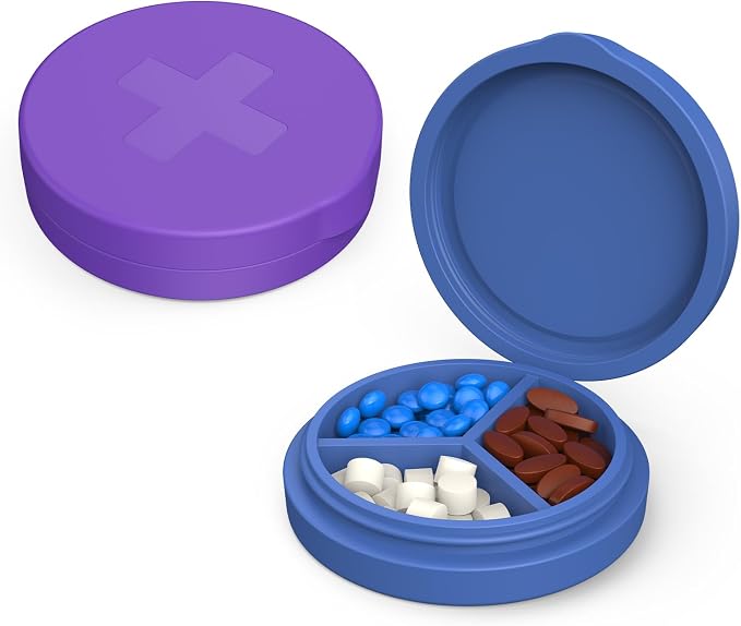 2 Pack Small Pill Box, 3 Compartment Round Silicone Travel Pill Box by Unknown