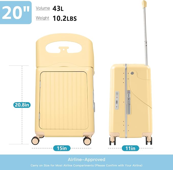 20" Carry-On Luggage with Seat for Kids & Adults, Lightweight Hardside Ride-On - Image 7
