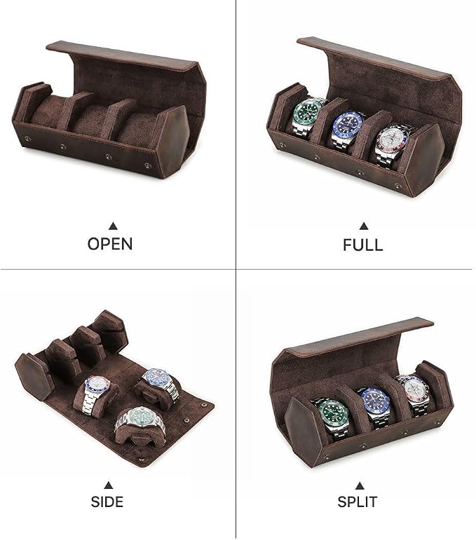 Genuine Leather Watch Roll Travel Case, Vintage Full Grain Leather Hexagon - Image 3