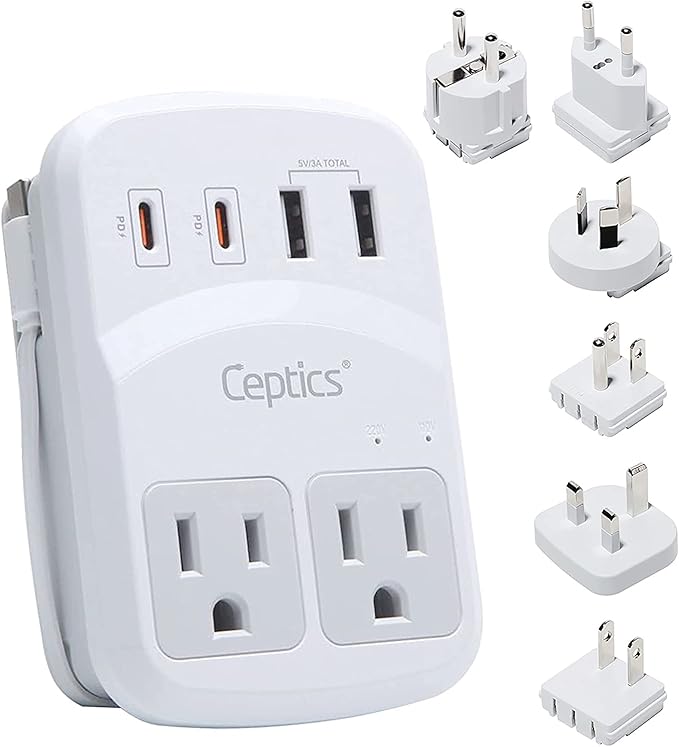 Ceptics World Travel Adapter Kit 2 USB-A, USB-C US Outlets, 20W/QC 18W Power by Ceptics