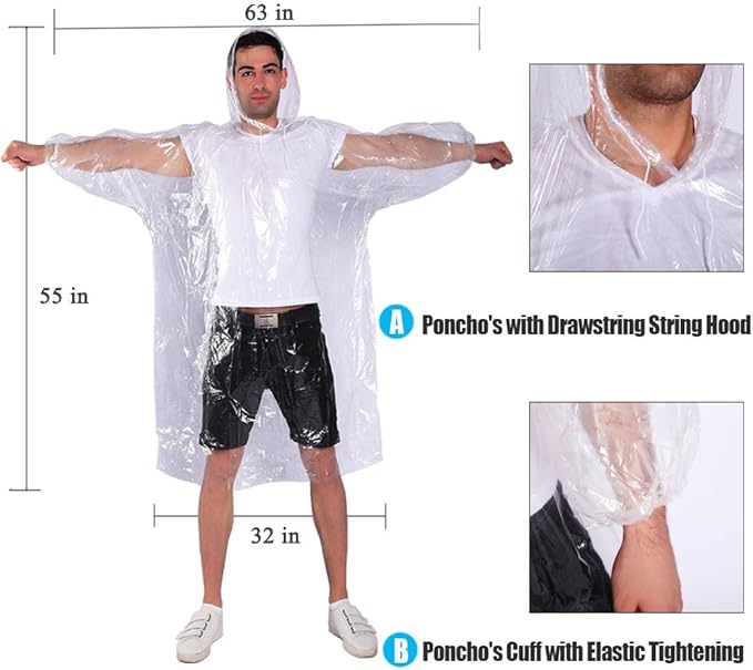 Rain Ponchos, with Drawstring Hood （10 Pack） Emergency Disposable Rain Ponchos - Image 3