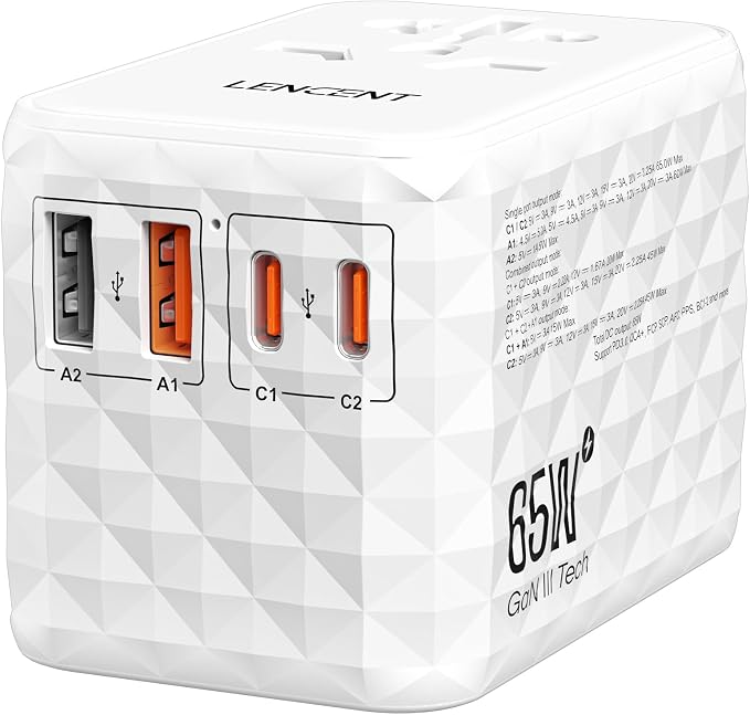 LENCENT 65W Universal Travel Adapter, GaN International Fast Charger 2 USB-A & by LENCENT