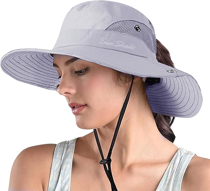 ZOORON Women's Ponytail Safari Sun Hat, Wide Brim UV Protection Outdoor Bucket by ZOORON