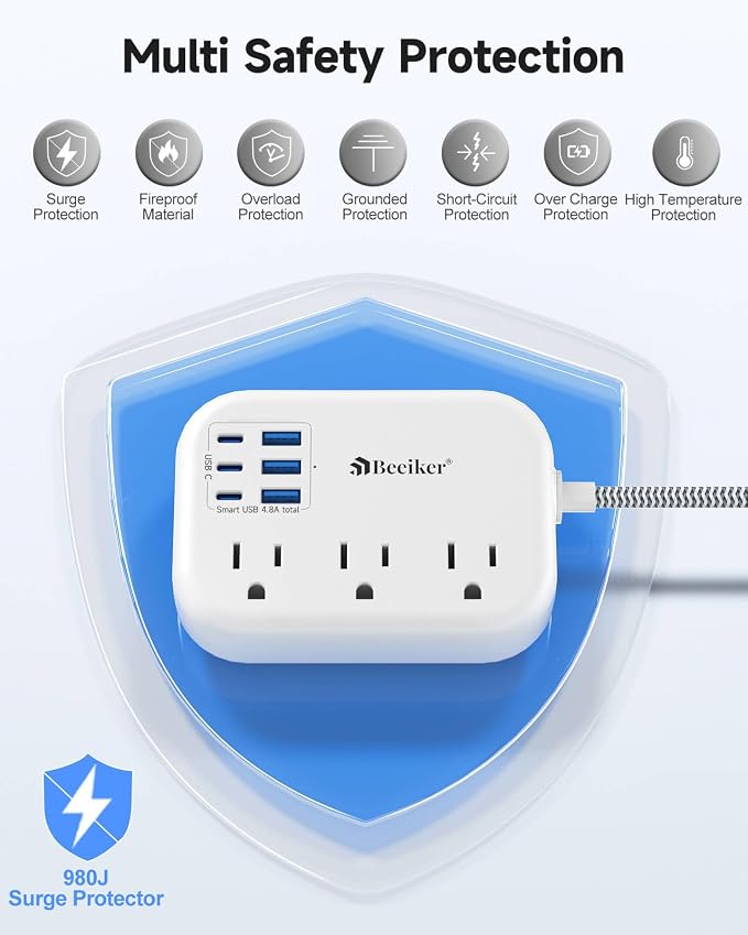 Short Extension Cord 2 Foot- 6 USB Travel Power Strip - Image 6