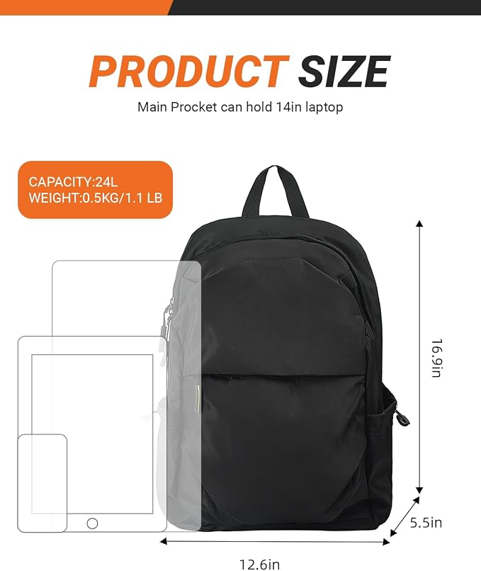 Multi-Pocket Laptop Backpack, 24L Capacity, Fits 14-inch Laptop, 16.9x12.6x5.5 - Image 2