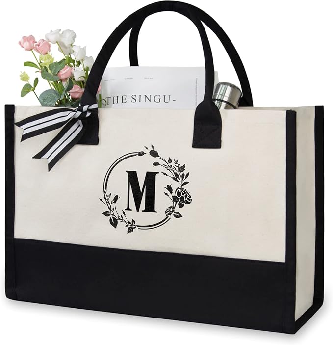 TOPDesign Personalized Initial Jute/Canvas Beach Bag, Monogrammed Gift Tote Bag by TOPDesign