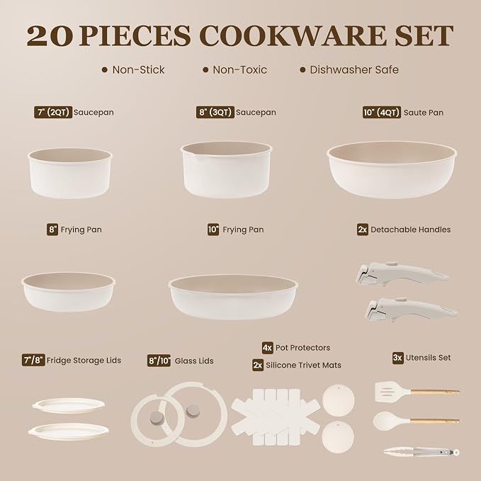 KIKCOIN Ceramic Cookware Set, 20 Pack Nonstick Pots and Pans Set - Image 2