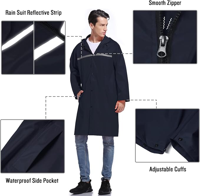 Mens Long Hooded Safety Rain Jacket Waterproof Emergency Raincoat Poncho - Image 3