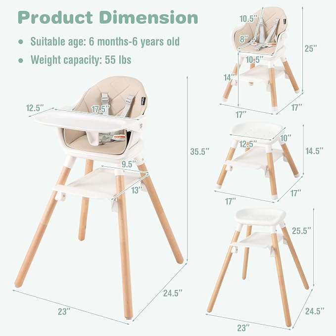 BABY JOY High Chair, 6 in 1 Convertible Wooden Highchair - Image 6