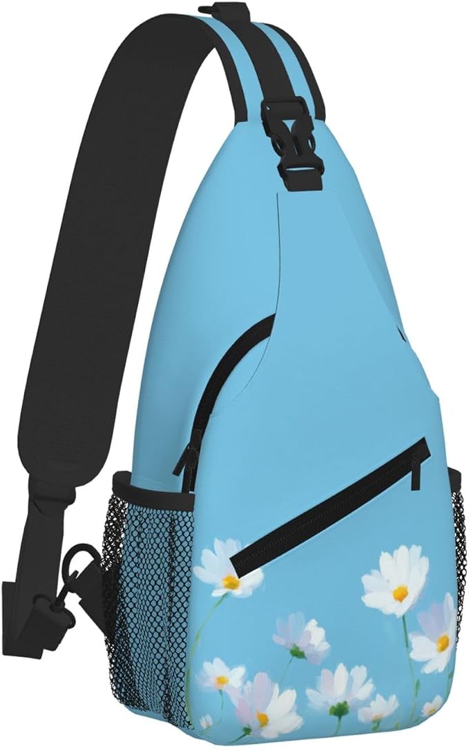 Sling Bag White Flower Blue Summer Hiking Daypack Crossbody Shoulder Backpack - Image 2