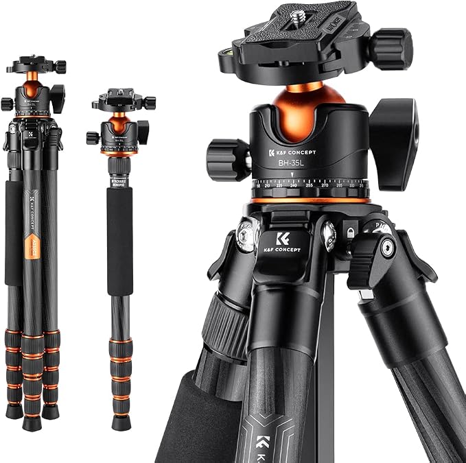 K&F Concept 62" Carbon Fiber Camera Tripod, Portable Compact Tripods by KFCONCEPT