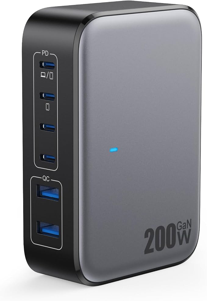 USB C Charger 200W USB Charging Block, 6 Ports GaN IV Foldable Wall Charger by GKUTW
