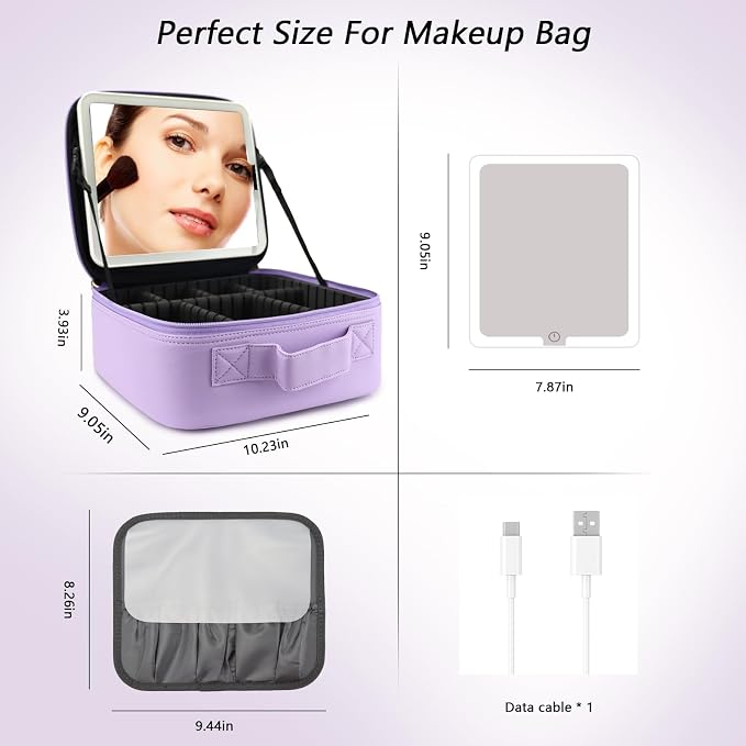 Travel Makeup Bag with LED Mirror Travel Makeup Organizer with 3 Lighted - Image 7