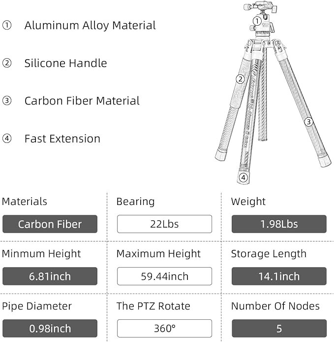 Fotopro 62 Inch Carbon Fiber Tripod - Image 6