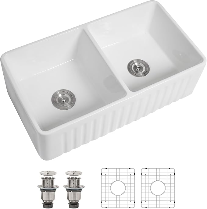 Dcolora Double Bowl Farmhouse Kitchen Sink Reversible Front Apron White by Dcolora
