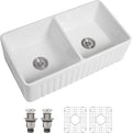 Dcolora Double Bowl Farmhouse Kitchen Sink Reversible Front Apron White by Dcolora