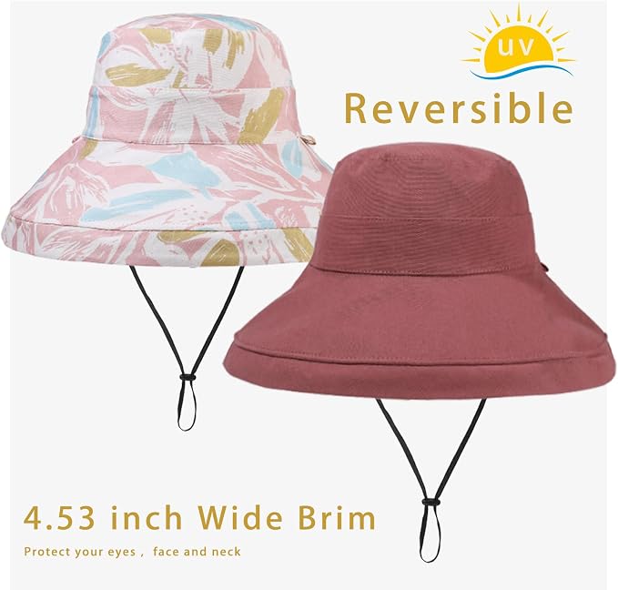 vidsel Womens Sun Hats Wide Brim Reversible Bucket Cotton Hat Packable Summer - Image 3