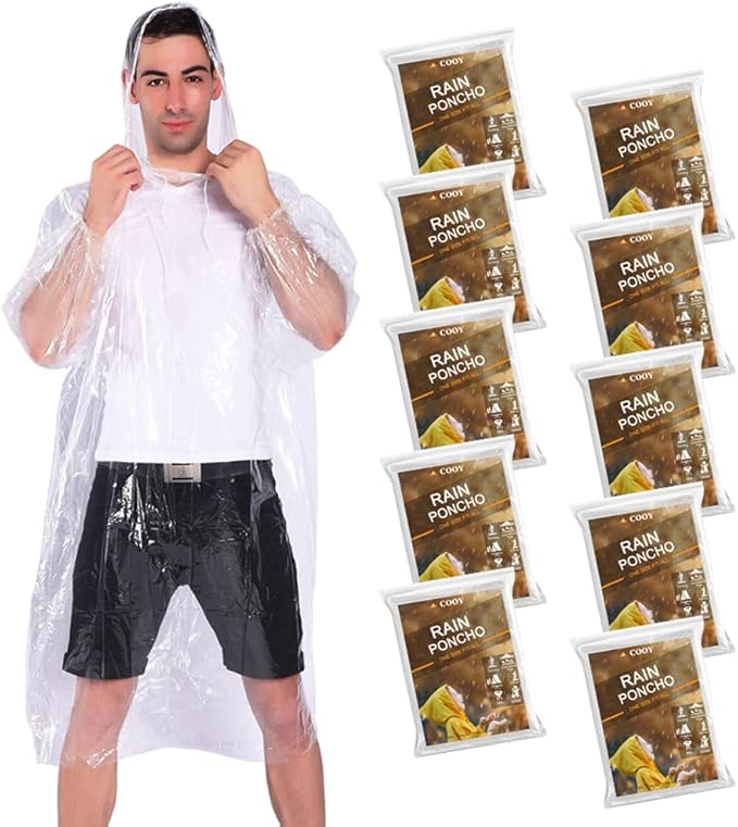 Rain Ponchos, with Drawstring Hood （10 Pack） Emergency Disposable Rain Ponchos by COOY