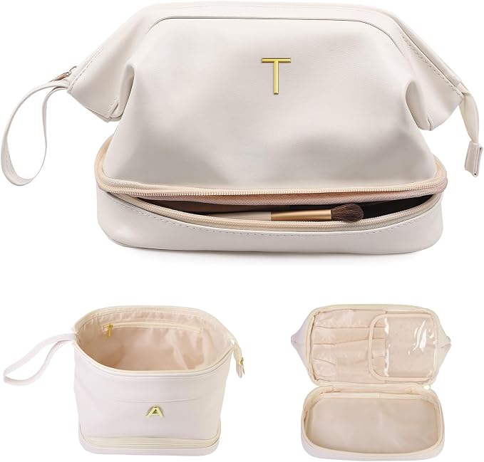 Birthday Gifts for Girls, Initial Large Makeup Bag, Personalized Double Layer by Vogewood