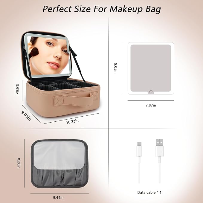 Travel Makeup Bag with LED Mirror Travel Makeup Organizer with 3 Lighted - Image 7