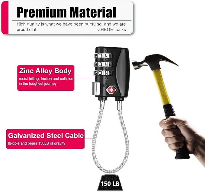 ZHEGE Luggage Lock TSA Approved 3 Digit Travel Cable Padlock - Image 4