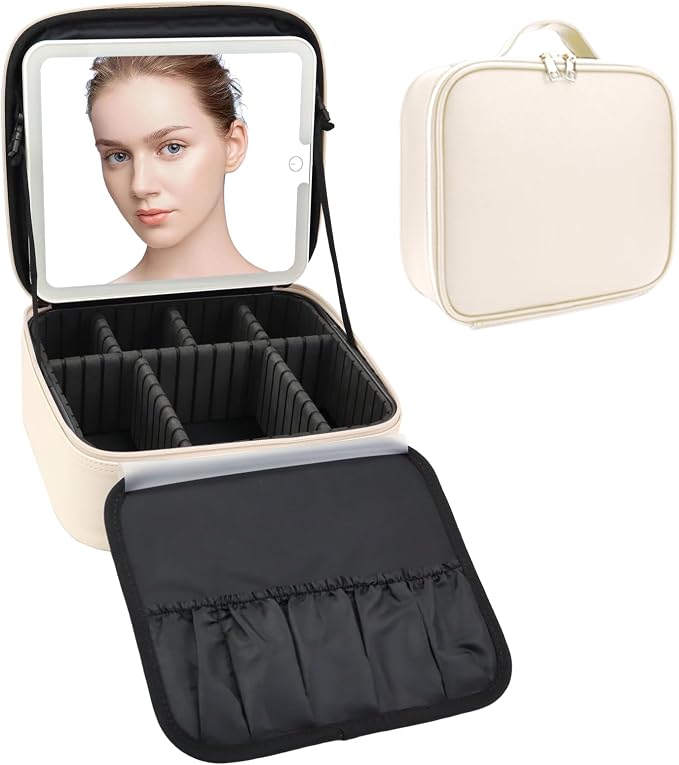 Travel Makeup Bag with LED Mirror Travel Makeup Organizer with 3 Lighted by Unknown