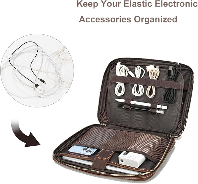 LANNSYNE Full Grain Leather Electronic Organizer Accessory Travel Tech Pouch - Image 4